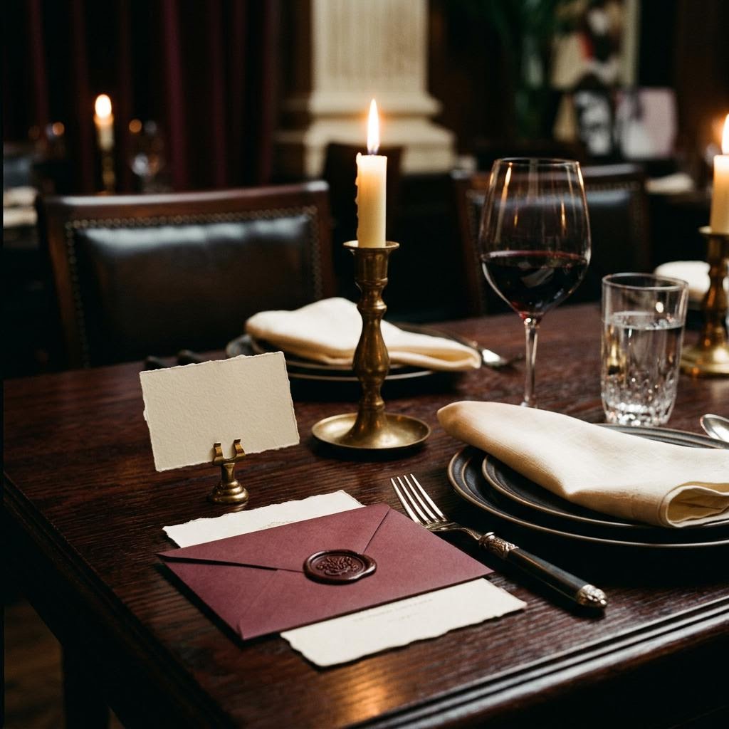 A candlelit dinner setting with an invitation and sealed envelope